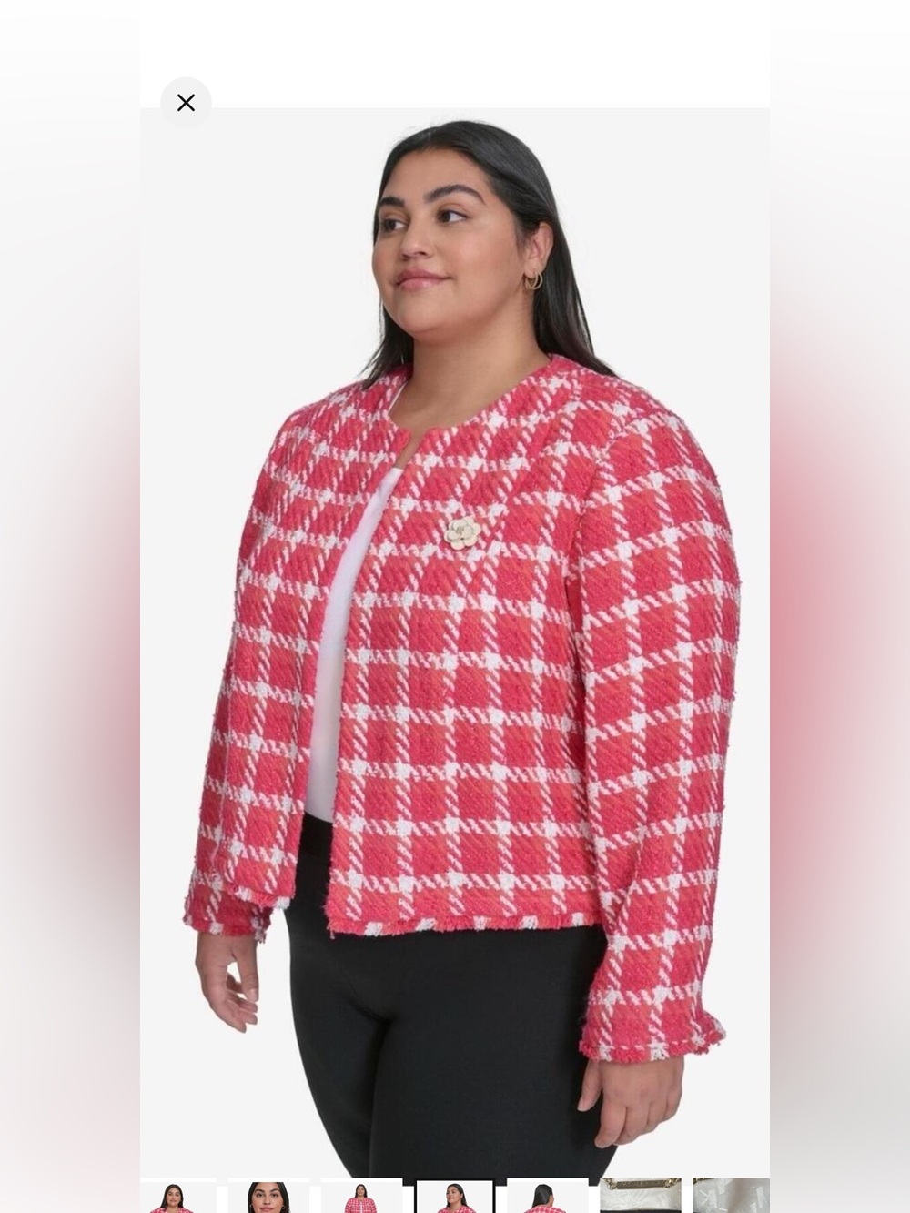 Karl Lagerfeld Pink & White Plaid Tweed Cropped plus size Jacket with Flower Pin